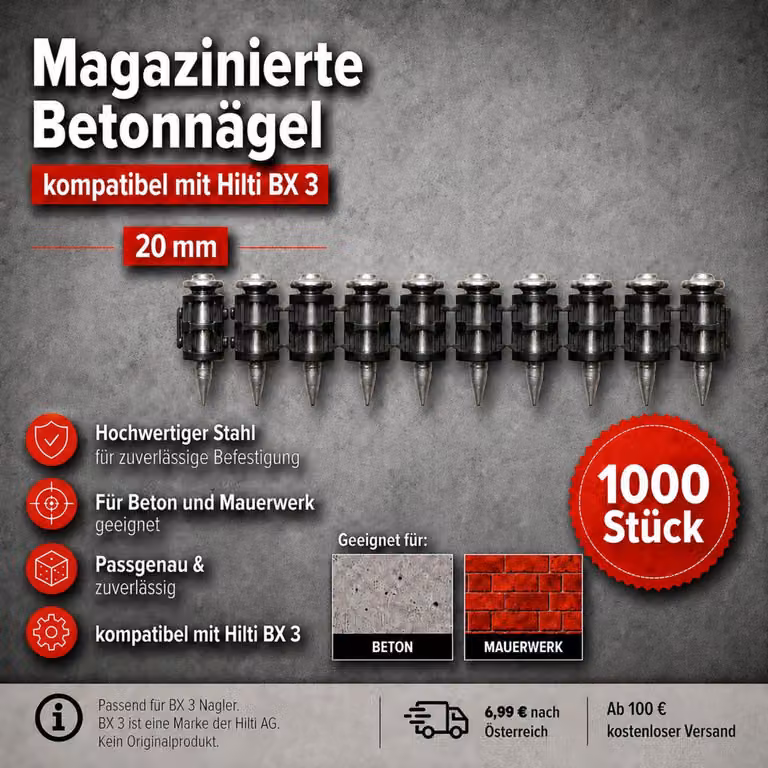 Chiodi in acciaio per calcestruzzo, 20 mm – confezione da 1000 pezzi, compatibili con Hilti BX 3 – per calcestruzzo e muratura