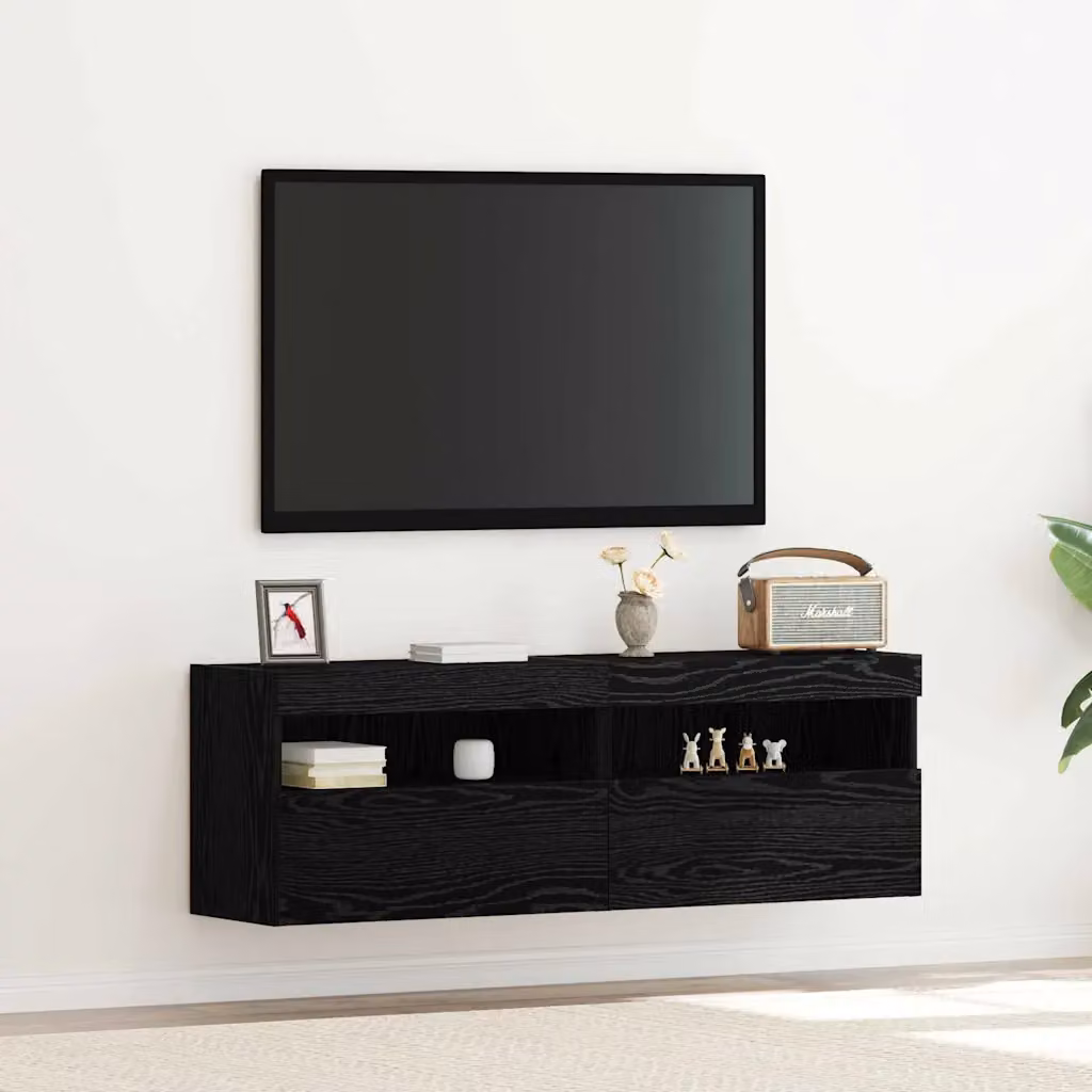 Set di 2 mobili TV da parete vidaXL moderni in legno ingegnerizzato nero opaco con illuminazione integrata e vani porta media L/P/H: 60,0 x 30,0 x 40,0 cm