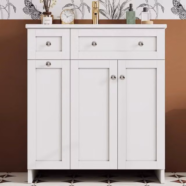 Mobile bagno freestanding WISHDOR in MDF laccato bianco con lavabo in ceramica, 3 cassetti e anta con chiusura soft-close, L: 76 cm, P: 47 cm, H: 86 cm