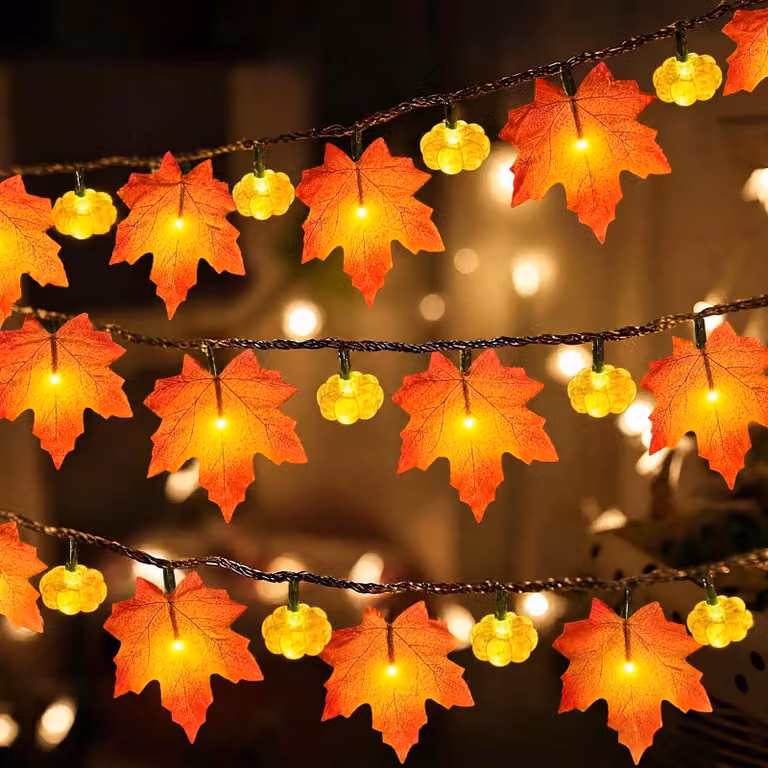 Catena luminosa autunnale, 3 metri, 20 LED, con decorazioni a forma di zucca e foglie d'acero