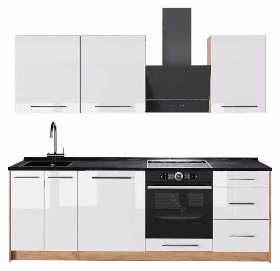 Cucina componibile Vicco Fame-Line Bianco lucido/Rovere dorato 230 cm senza piano di lavoro, Model 64000