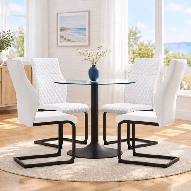 Set tavolo e 4 sedie Mivray moderno con tavolo rotondo in vetro trasparente e sedie bianche, nero o in similpelle