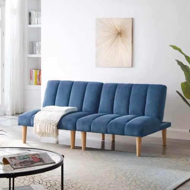 Divano letto MIVRAY a 2 posti in velluto blu con funzione click-clack e gambe in legno di gomma per il tuo soggiorno