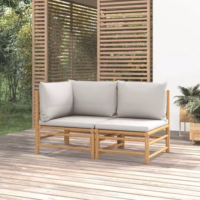 Set Salotto da Giardino Moderno vidaXL in Bambù con Cuscini Grigio Chiaro – 1