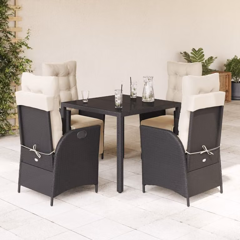 Set da Pranzo da Giardino vidaXL 5 pz in Polyrattan Nero con Cuscini e Tavolo in Vetro