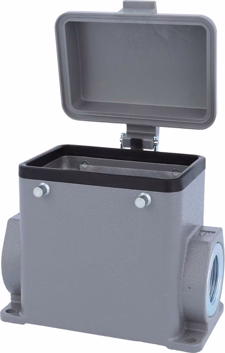 HARTING Han 32A Alloggiamento base alto, 2xM25 uscita cavo laterale, per 2 staffe (nella parte superiore) con cappuccio protettivo in plastica