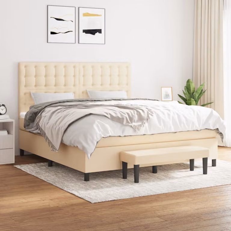 vidaXL Letto Ibrido con Giroletto a Molle e Materasso in Tessuto Beige e Bianco L/P: 160 x 200 cm