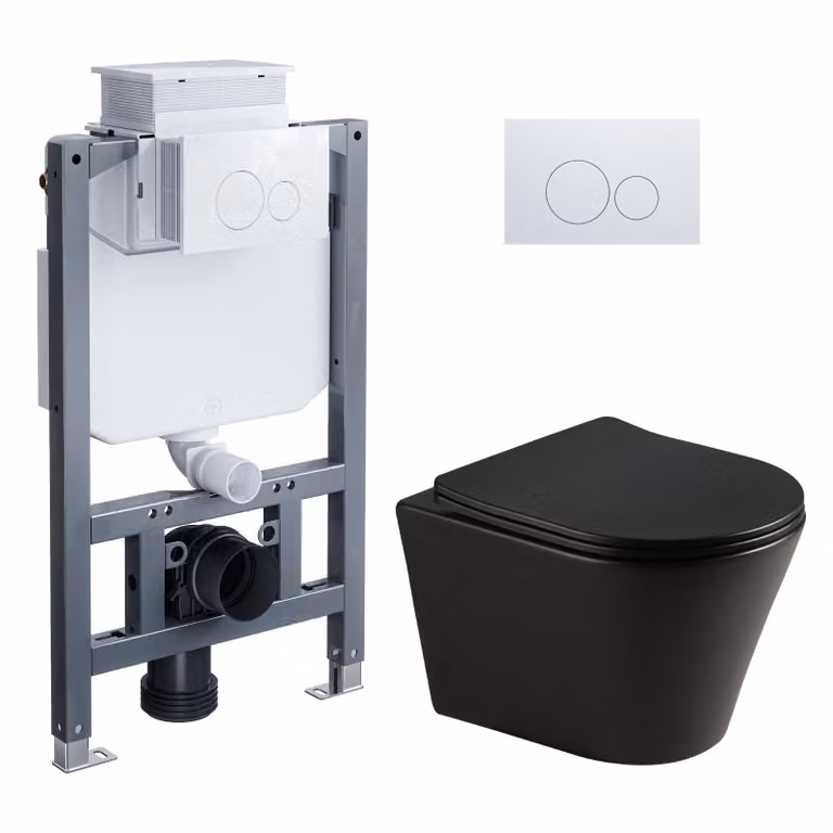 Set completo per WC sospeso HOROW, colore nero: elemento di supporto a parete da 82 cm, cassetta di scarico nascosta, vaso WC a parete e pulsante rotondo bianco
