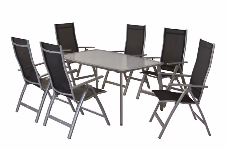 Set di mobili da giardino Merxx Carrara 7 pezzi, 6 poltrone pieghevoli nere, 1 tavolo 150 x 90 cm - alluminio/tessuto