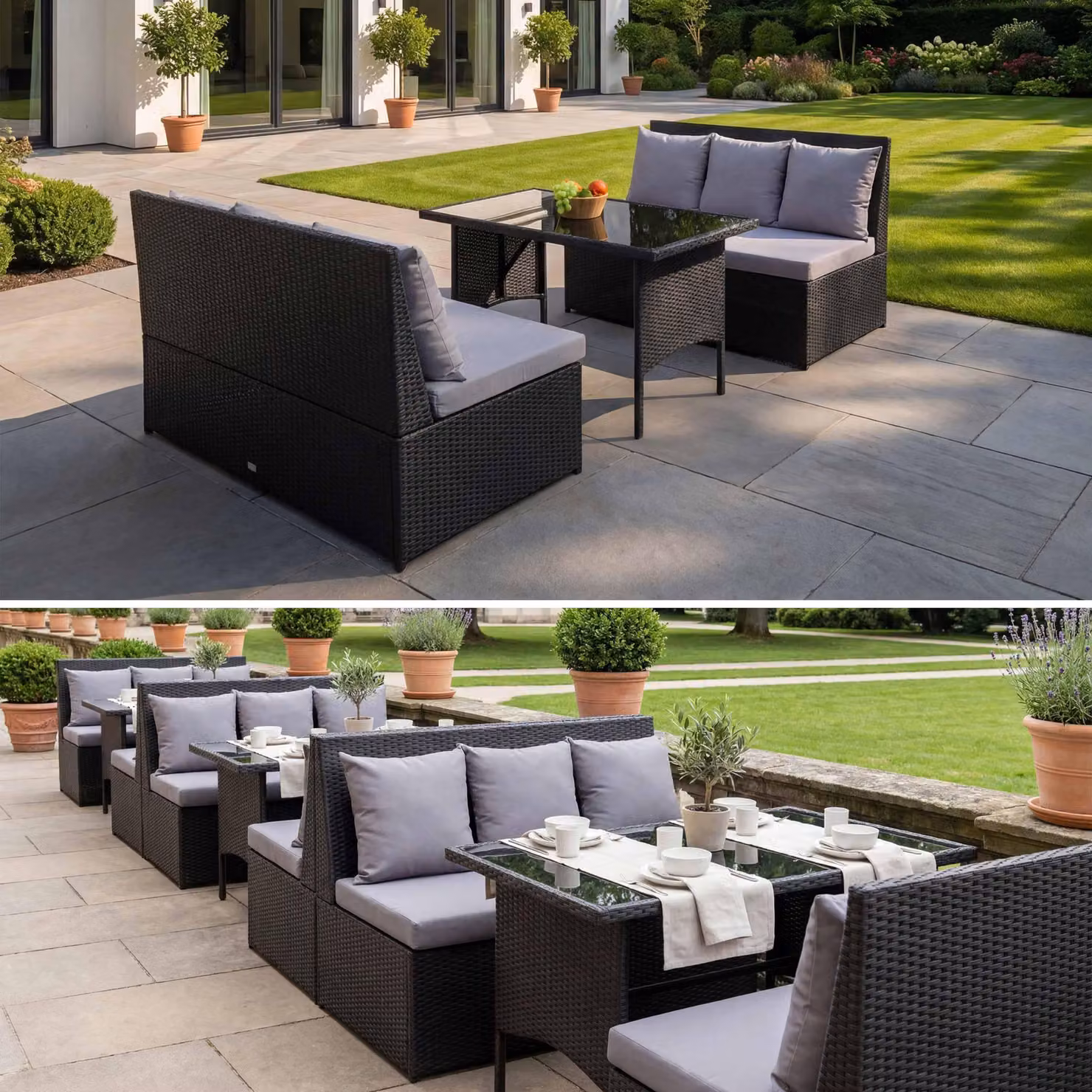 Set in polyrattan MCW-G16, set da giardino/lounge, set da pranzo, ristorazione 2 divani da 2 posti Tavolo ~ nero, cuscini grigio chiaro