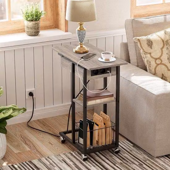 Tavolino da salotto con area di ricarica e cassetto su rotelle - Tavolino ribaltabile per soggiorno e camera da letto - Acciaio inossidabile color asfalto.