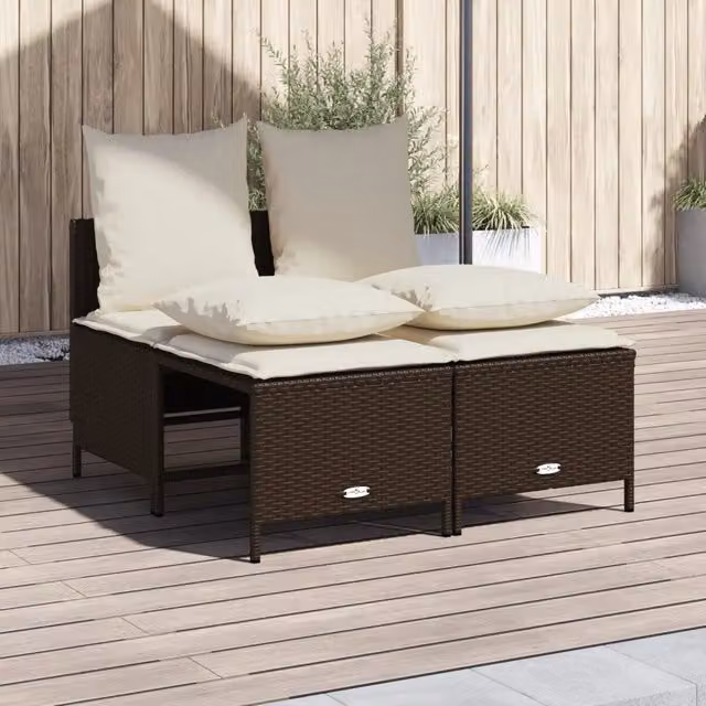 Set Divano da Giardino 4 Pezzi vidaXL in Polyrattan Marrone e Bianco con Cuscini e Ottoman