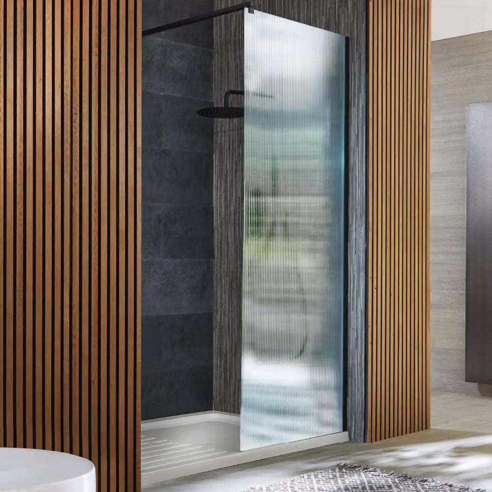 Box Doccia Walk-In Nero Vetro Scanalato Con Piatto 1100 X 700mm