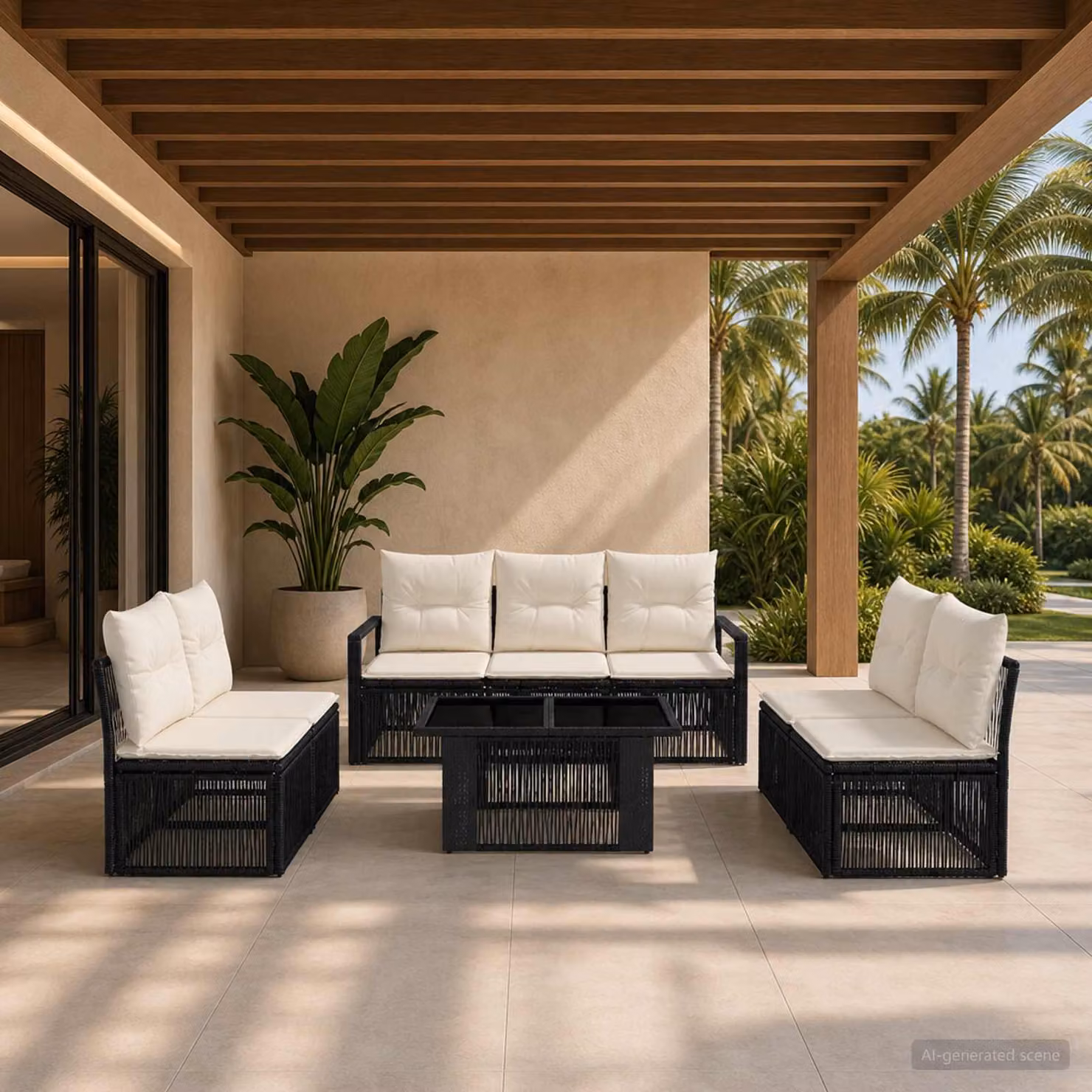 Set Divano da Giardino vidaXL 8 pz in Polyrattan Nero e Bianco con Cuscini e Tavolino a Forma di U