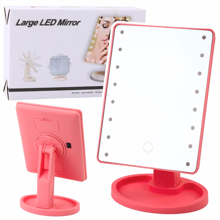 Specchio Cosmetico 16 Diodi Led Con Supporto Orientabile Rosa