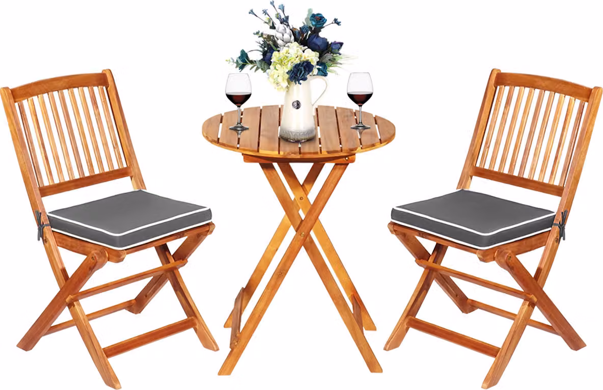 COSTWAY Set di mobili da giardino 3 pezzi, tavolo bistrot con 2 sedie, gruppo di sedute per balcone pieghevole con 2 cuscini, set da giardino, gruppo di sedute in legno di acacia grigio