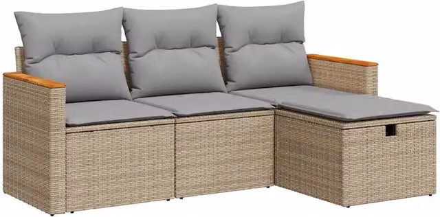 Set Divano da Giardino 4 pz | Set Salotto da Giardino con Cuscini Beige in Polyrattan
