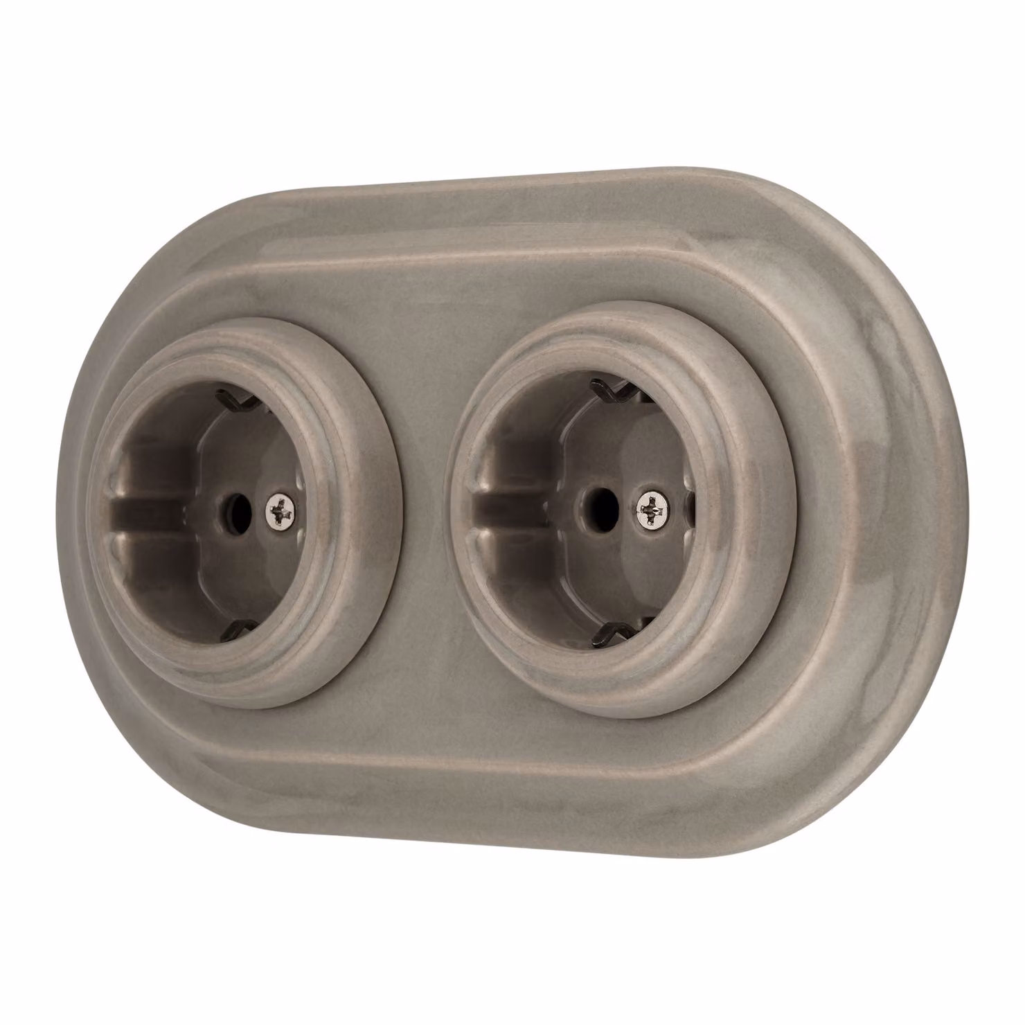 Prese a muro in porcellana, serie PR1, colore grigio-beige, sistema a incasso, doppia presa, modello "all-in-one"