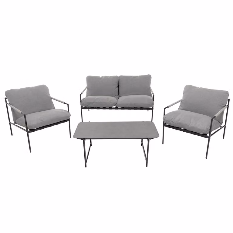 Vestiamo Casa Giardino Set da giardino moderno 4 pezzi con struttura in acciaio antracite, tavolo con top in vetro e cuscini in tessuto grigio