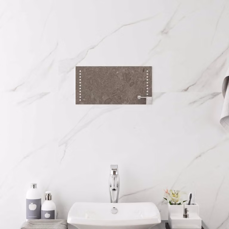 Specchio da bagno vidaXL con luce LED, design minimalista rettangolare in vetro temperato, colore trasparente/grigio, L: 40 cm x H: 20 cm