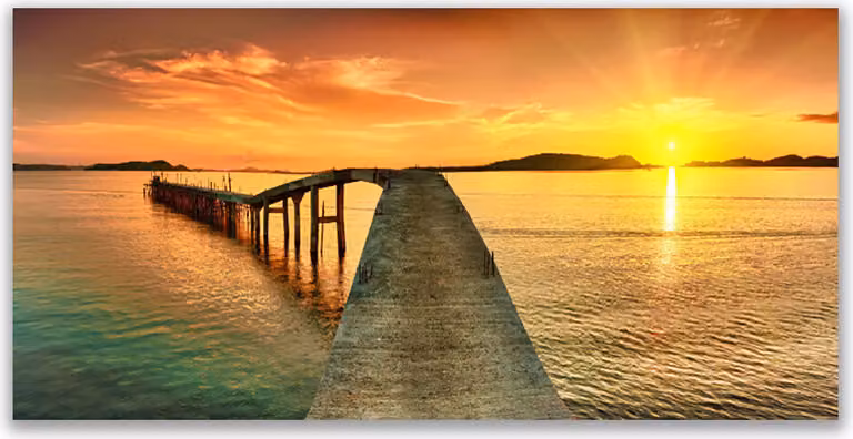 Pannello di vetro per cucina, dimensioni 140x70 cm, con decoro a tema "sole, mare, ponte, paesaggio"