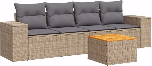 Set Divano da Giardino 5 pz | Set Salotto da Giardino con Cuscini Beige in Polyrattan