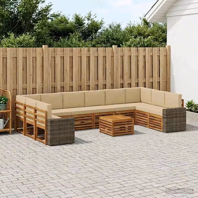 Set di divani da esterno vidaXL in legno di acacia con cuscini beige e marrone, composizione a L con tavolo da caffè, 11 pezzi – 1
