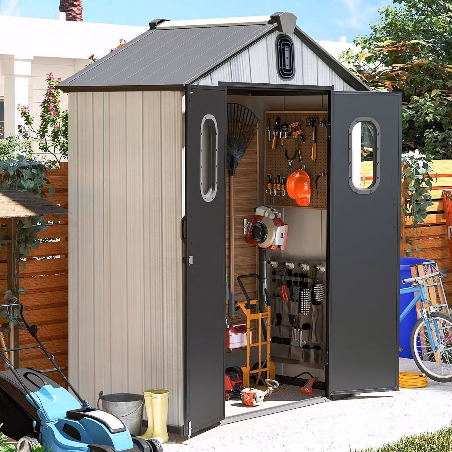 Casetta da giardino in plastica, dimensioni 1,5 x 0,9 metri, colore grigio, resistente agli agenti atmosferici, a doppia parete, con serratura e sistema di ventilazione del tetto