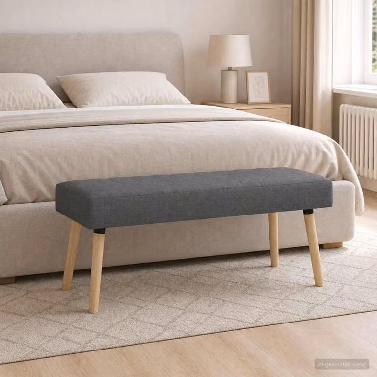 Panchina trapuntata a canale vidaXL in tessuto e legno di gomma, Grigio, L 110 x P 40 x H 46 cm