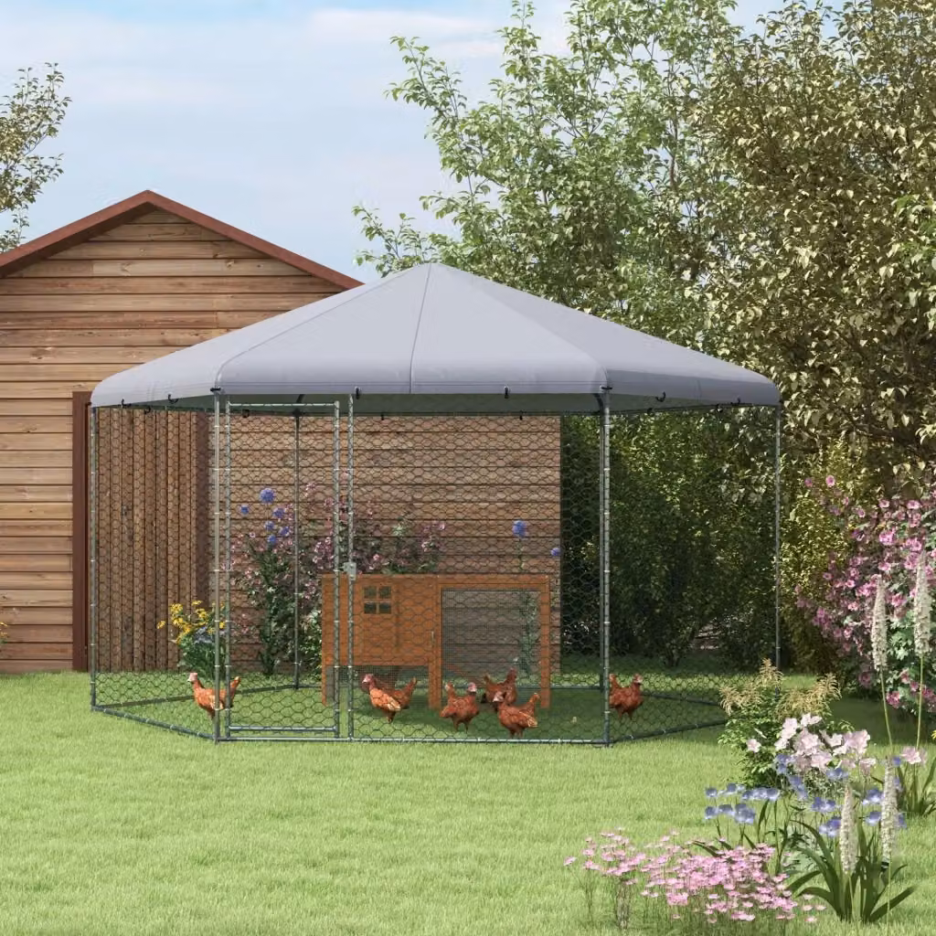 Pollaio a gabbia per galline da esterno GIORDANOSHOP in acciaio galvanizzato e tessuto Oxford, Argento/Grigio, L: 4 m, P: 3,5 m, H: 2,6 m – 2