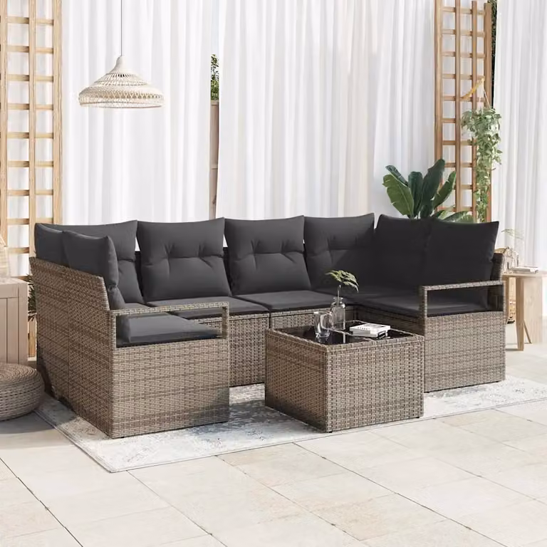 Set di divani da giardino vidaXL in rattan grigio con 7 pezzi e tavolo da caffè incluso