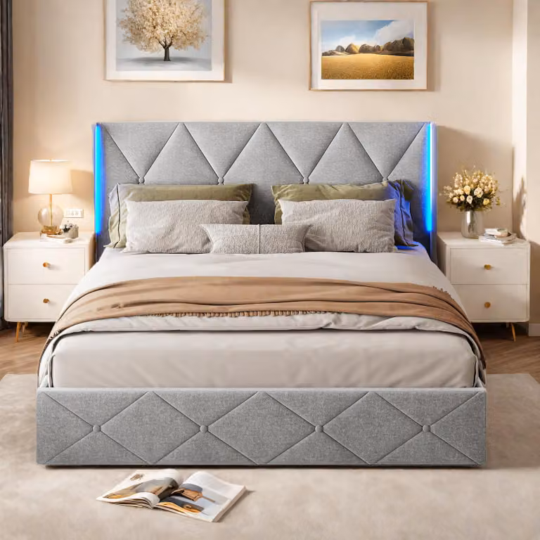 Letto box 140x200 cm in velluto grigio smerigliato con luce laterale sulla testata, contenitore idraulico, facile da montare