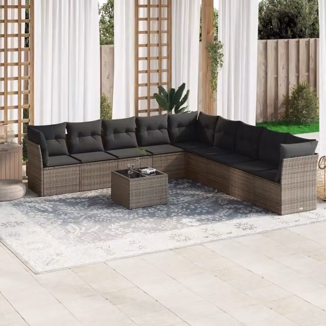 Set Divano da Giardino Moderno VIDAXL in Polyrattan Grigio con Cuscini, 10 Pezzi – 1