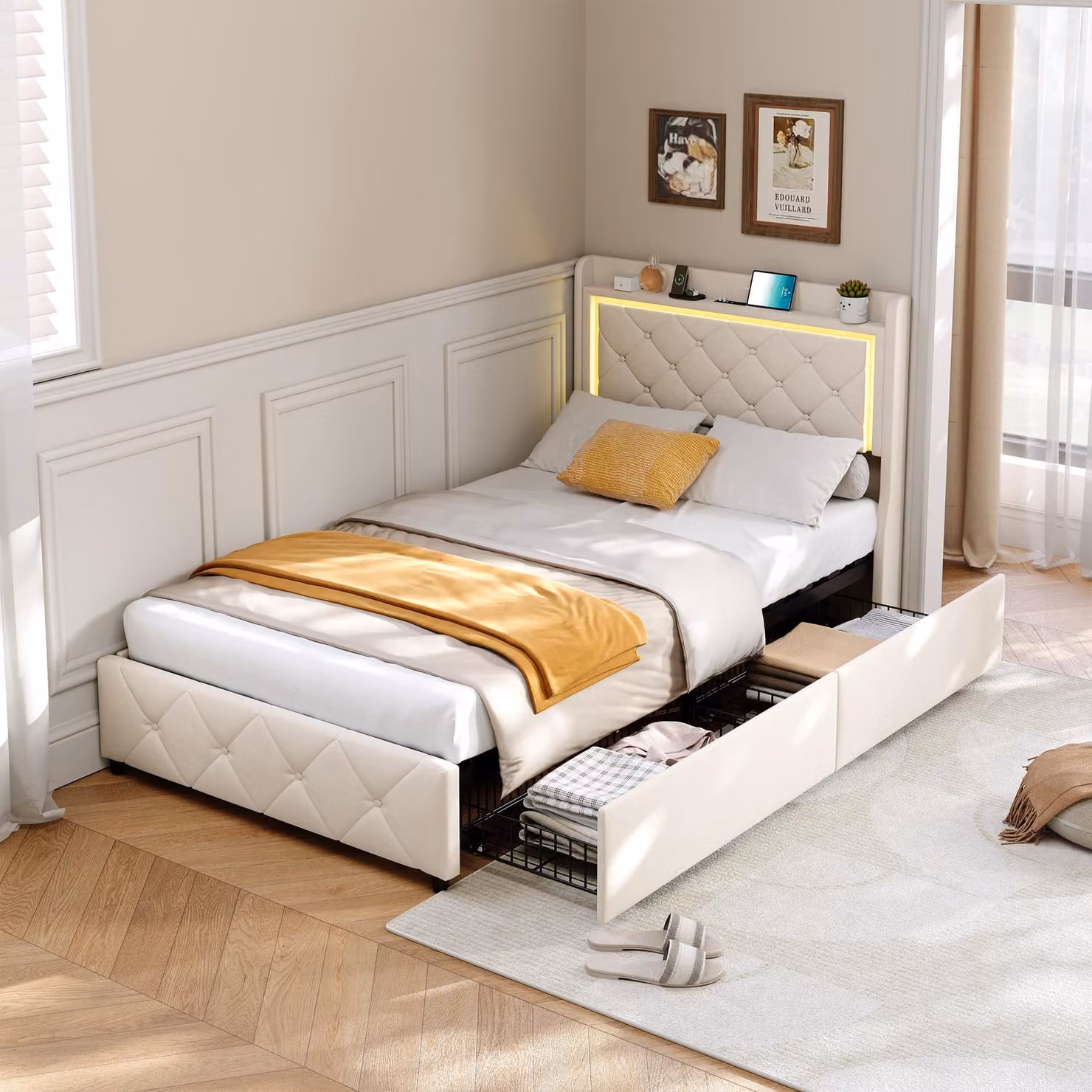 Letto imbottito Fortuna Lai 90x200cm con testiera e 2 cassetti, USB, illuminazione LED, letto funzionale in tessuto vellutato con rete a doghe per adulti e ragazzi