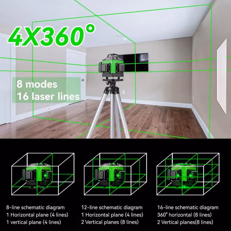 Livella laser 4D a 16 linee - Livella laser a croce autonivelante - 360° orizzontale e verticale - Raggio verde - Ricaricabile - Spina di tipo EU