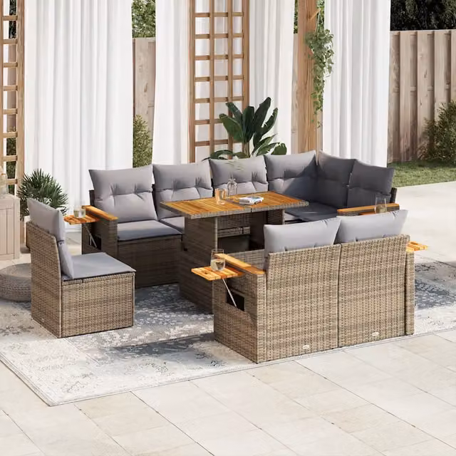 Set Divano da Giardino 9 pz vidaXL in Polyrattan e Legno di Acacia con Cuscini Beige e Grigio – 1