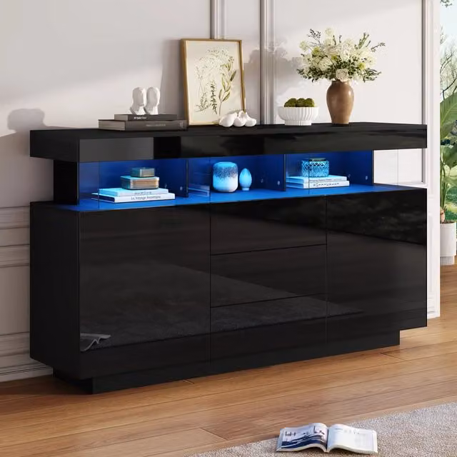 Credenza con LED e 3 cassetti in truciolare e acrilico nero 140 × 35 × 80 cm