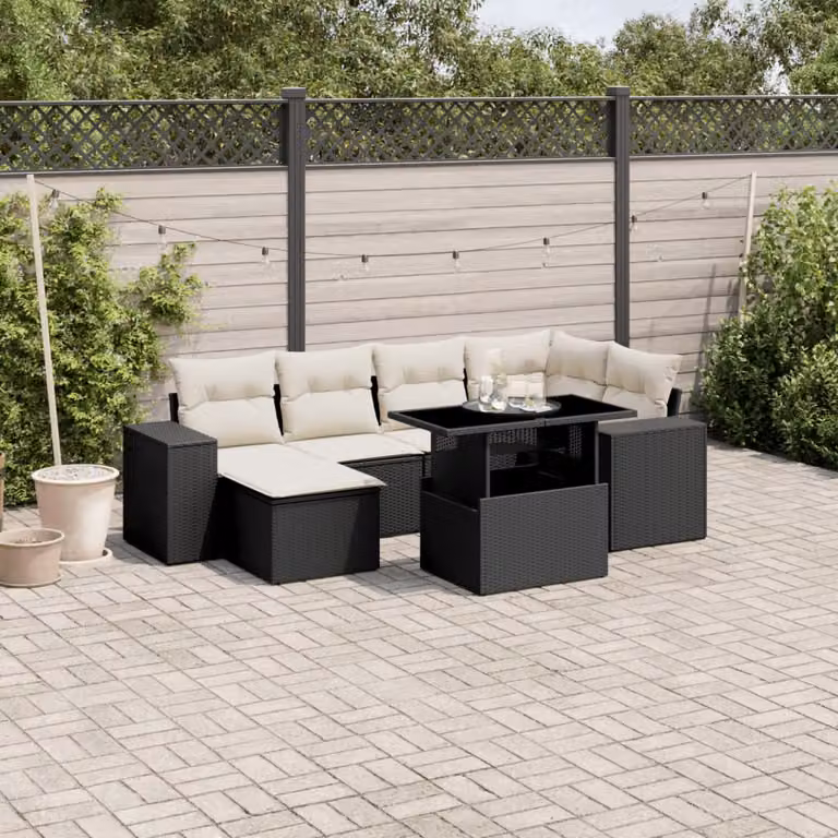 vidaXL Set Divani da Giardino a L con Cuscini 7pz in Polyrattan Nero e Bianco