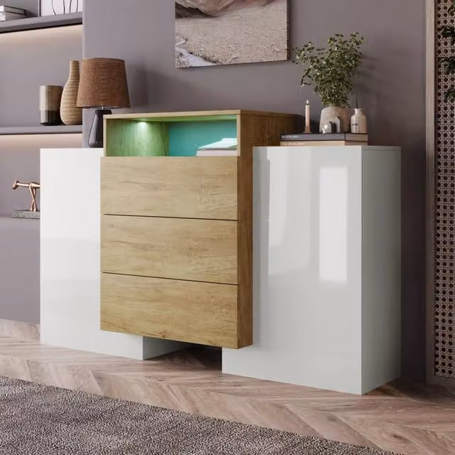 Sideboard moderno 140 cm, bianco lucido e colore legno, effetti LED multicolore, superficie parzialmente lucida