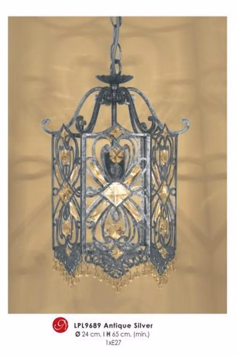 Casa Padrino: Lampada a sospensione di design orientale con decorazioni in cristallo, finitura argento anticato, diametro 24 cm, altezza 65 cm
