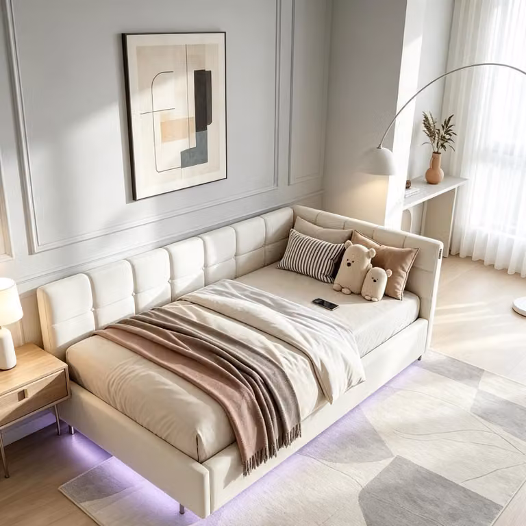 Letto imbottito INONEFT 90x200 cm con LED e USB, letto per ragazzi con spazio contenitore a sollevamento idraulico, divano letto, letto singolo, letto con rete a doghe, in velluto, color beige