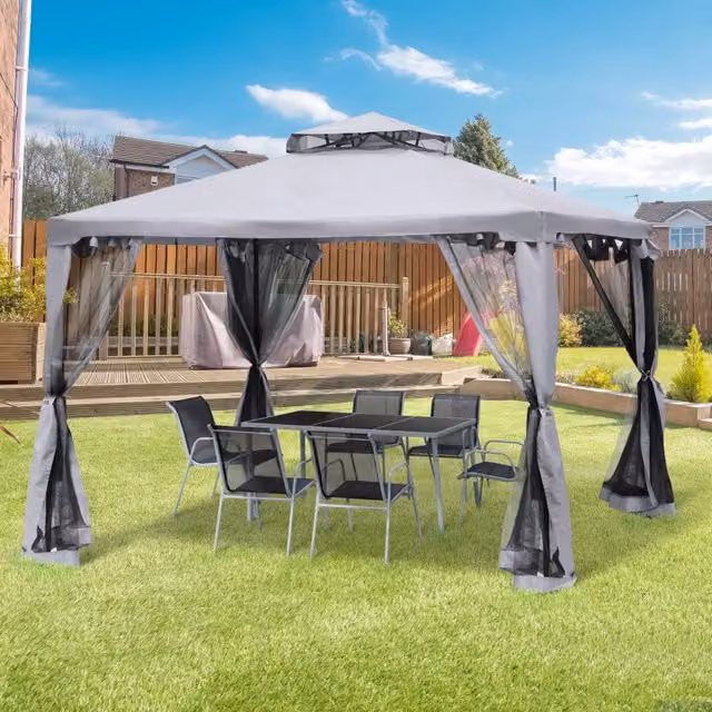 Gazebo da giardino WISHDOR con tetto a capanna, struttura in metallo e pareti in poliestere colore antracite, L/P/H: 300 x 300 x 265 cm