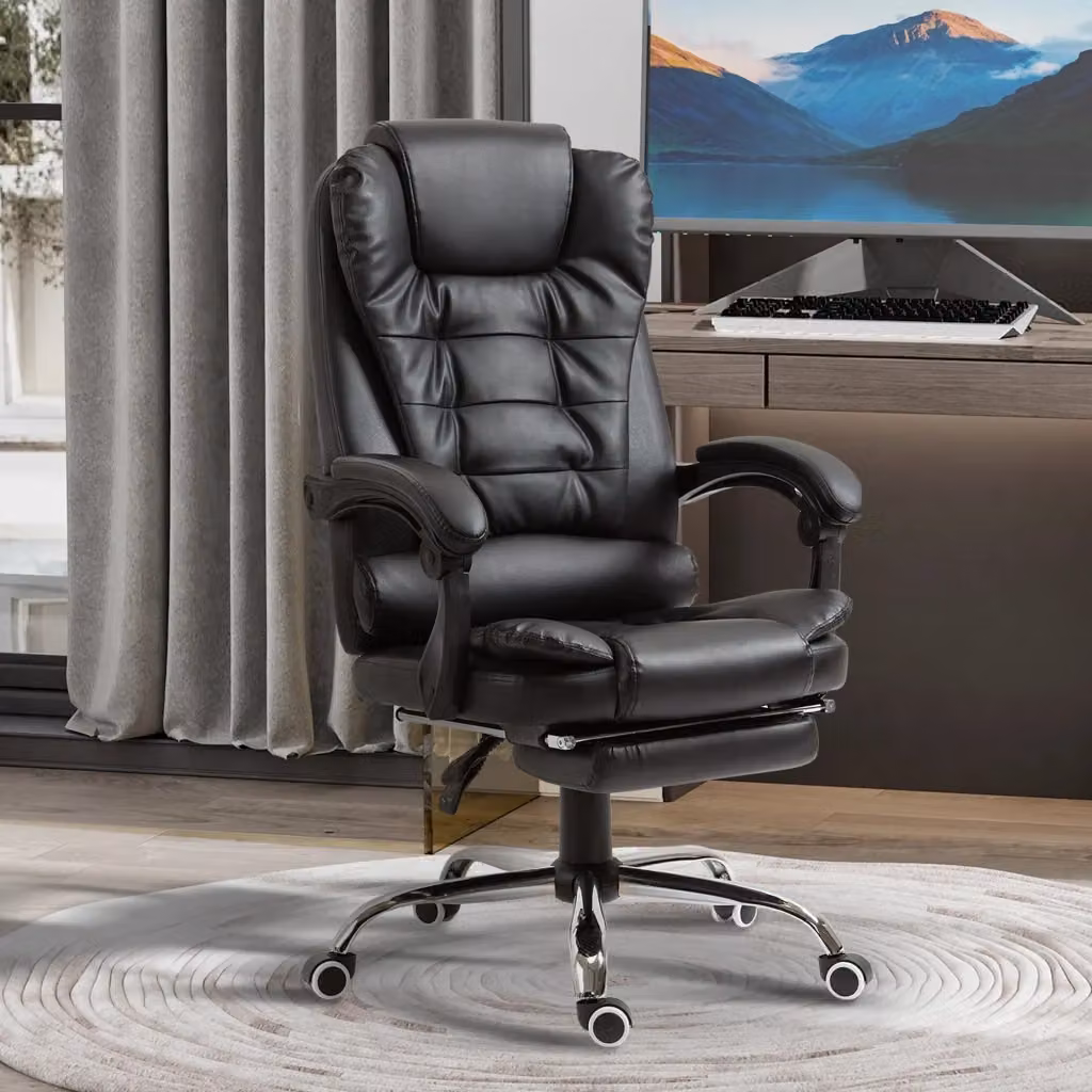 EasyComfort Sedia da Ufficio Chesterfield in Ecopelle Nera con Schienale Reclinabile, Poggiapiedi e Altezza Regolabile, L: 64.5 cm, P: 69 cm, H: 109-117 cm – 2