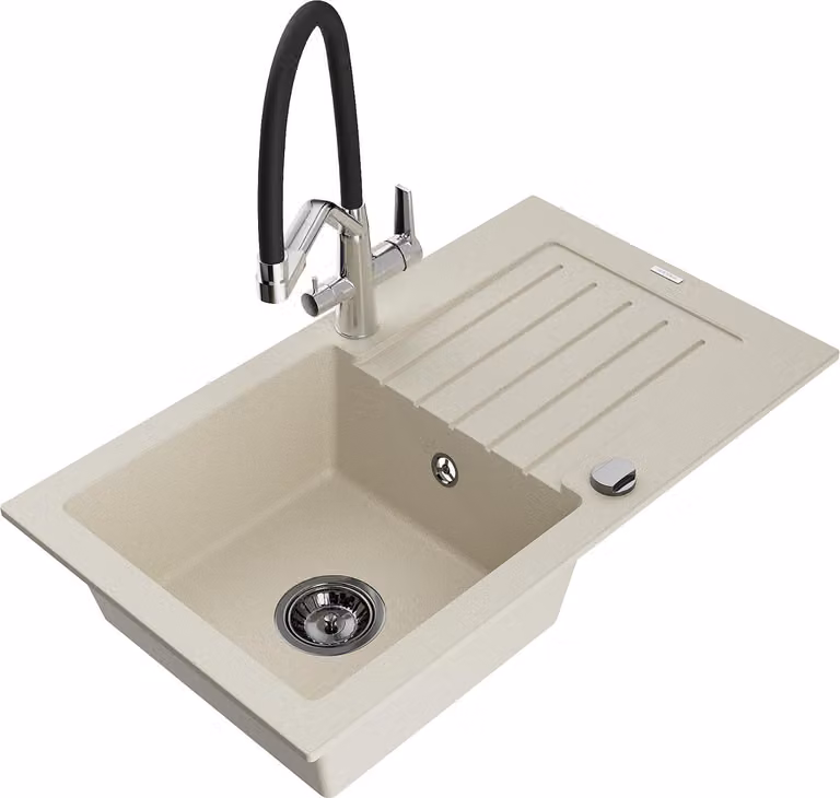 Mexen Pablo lavello in granito con 1 vasca e scolapiatti e miscelatore da cucina Duo, beige - 6510-69-671701-07-B