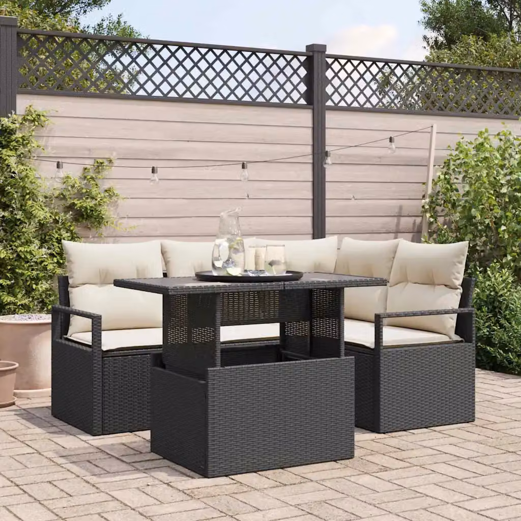 Set Divano da Giardino vidaXL 5 Pezzi Moderno in Polyrattan con Tavolino e Cuscini Nero e Beige – 1