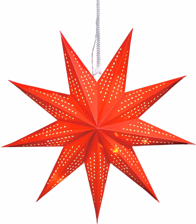 Stella di Natale in carta da appendere | Ø circa 45 cm | inclusa catena luminosa a LED da 10 luci | alimentata a batterie | stella pieghevole in carta | stella luminosa ideale come decorazione per finestre (rossa)