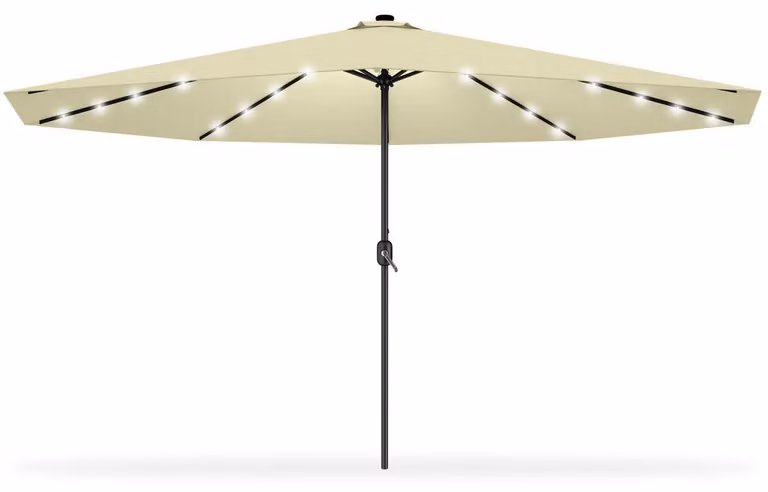 Ombrellone da giardino con manovella, color beige, 350 cm, con luci LED