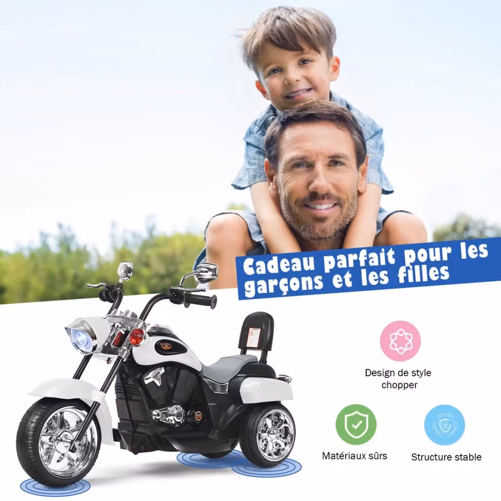 Moto elettrica chopper a 3 ruote bianca con batteria ricaricabile L: 91 cm, P: 48 cm, H: 64 cm – 2