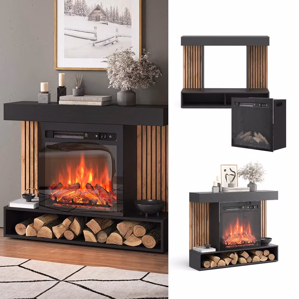 Caminetto elettrico Vicco Lynea nero con effetto fiamma realistico e riscaldatore da 1800W, L: 100 cm – 2