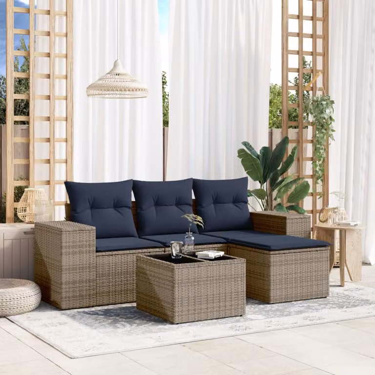 Set da giardino vidaXL in polyrattan grigio composto da 5 pezzi con cuscini e tavolino